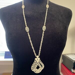 Crown Trifari White Enamel Filagree 30” Necklace 1950s 1960s Vintage